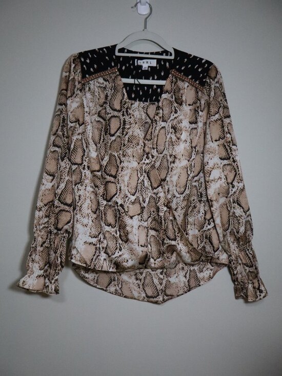 THML Tops - THML Tan Snakeskin Print Blouse with Smocked Cuffs